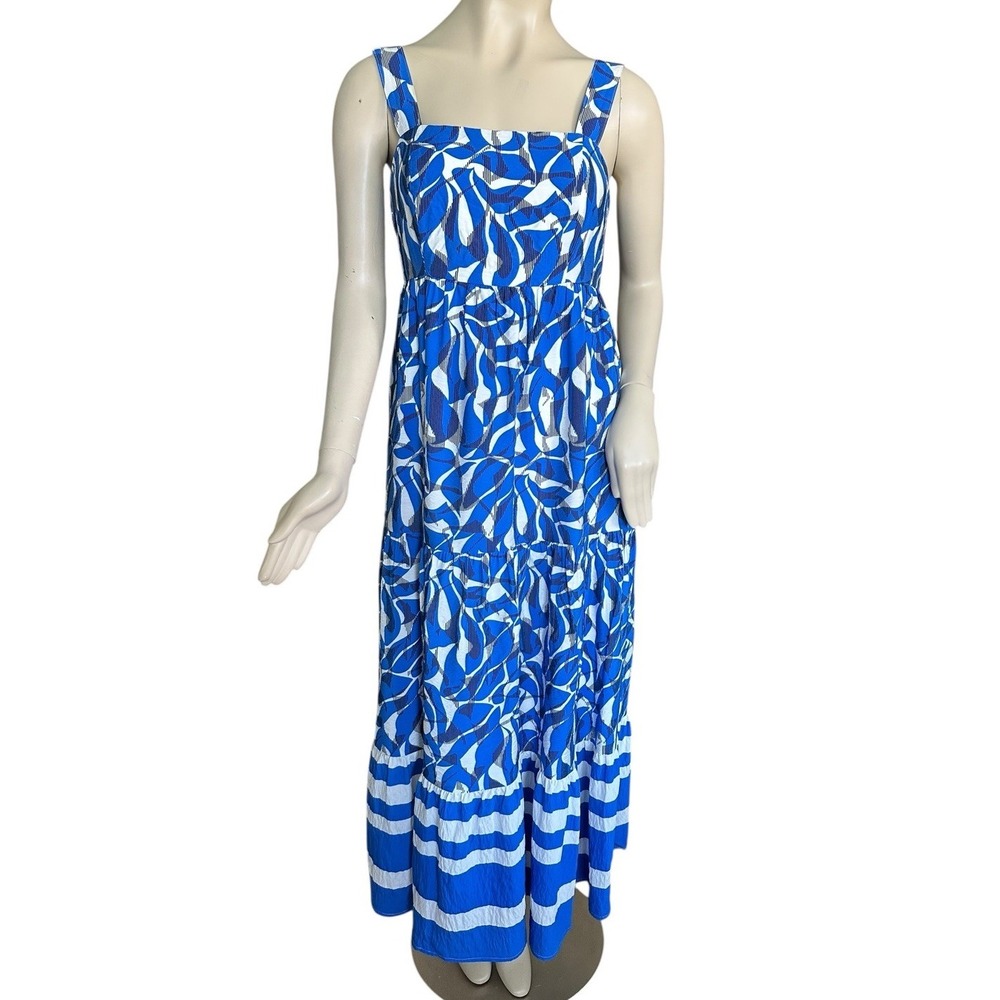 Nine West Tiered Midi Dress Size Small Square Neck Geometric Stripes Blue Classy